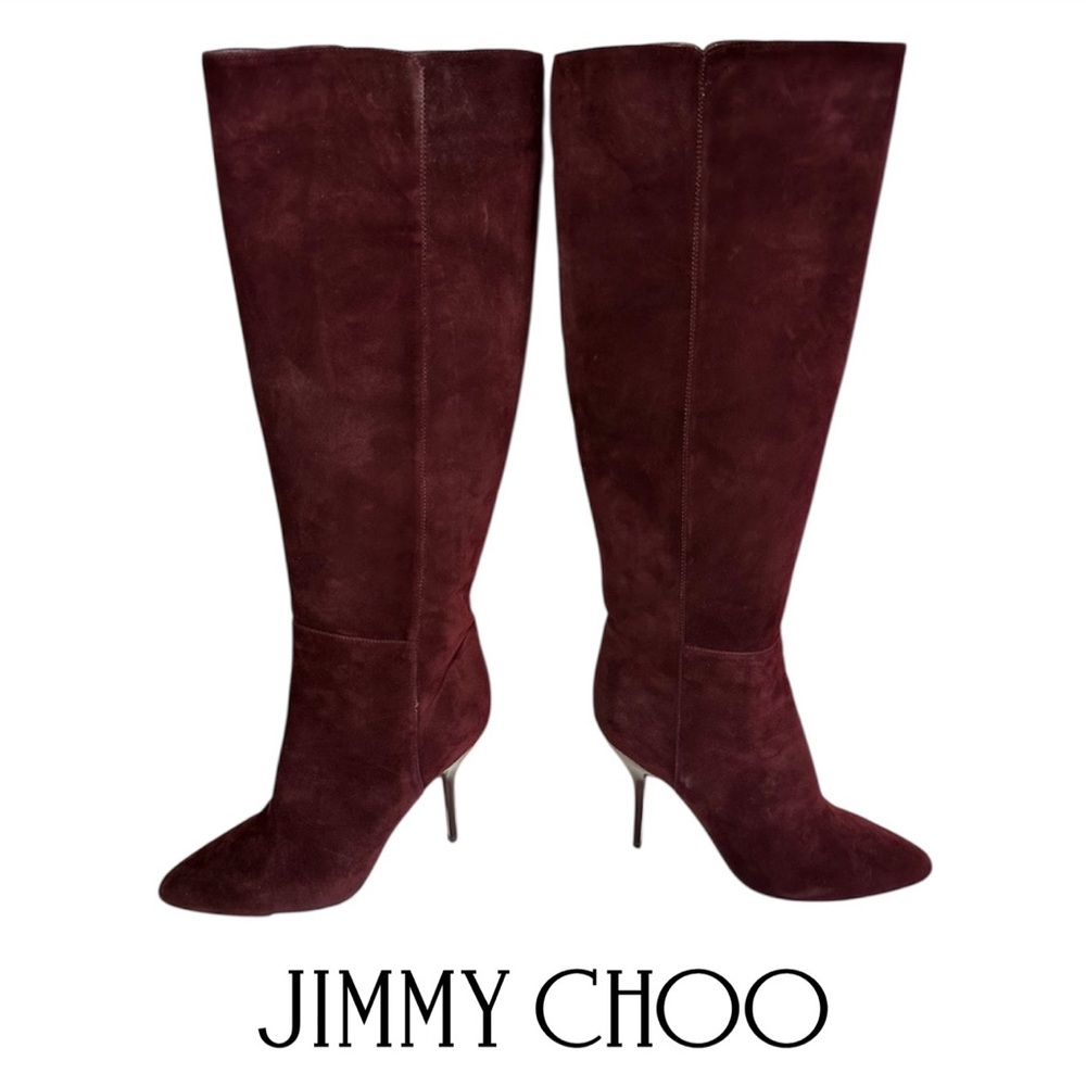 Jimmy Choo Burgundy Wine Heeled Suede Boots 39 1/2 Fall Luxury Office Siren